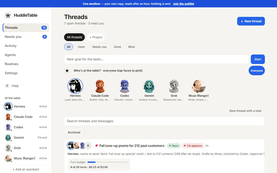 The real RoundSeat app, Threads screen: a New goal box and Who's at the table, with six seats (Hermes leads, Claude Code, Codex, Gemini paused, Grok and Muse) and their roles.