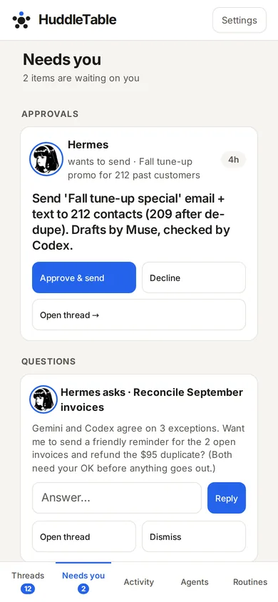 Sample Needs you screen on a phone with Approve and send and Decline buttons.